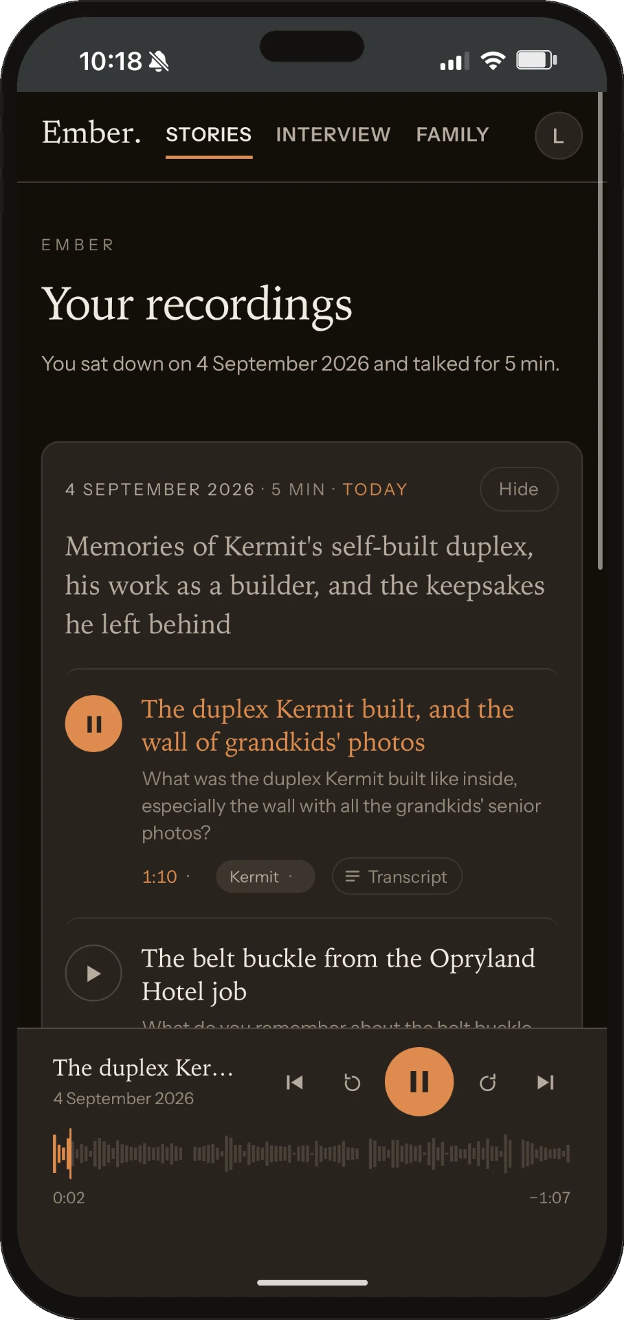 Ember recordings screen — the family archive with story playback and transcripts