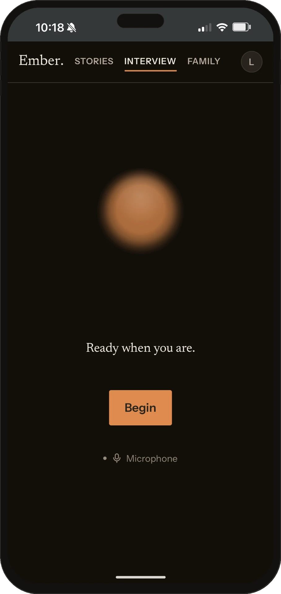 Ember interview screen — a glowing ember, ready when you are, with a Begin button